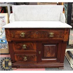 ANTIQUE WOOD STONE TOP END TABLE W/ BRASS HANDLES