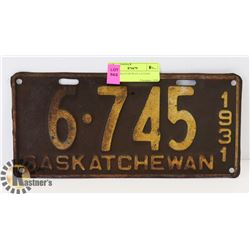 1931 SASKATCHEWAN LICENSE PLATE.