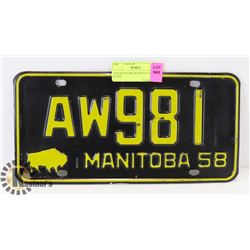 1958 MANITOBA BUFFALO LICENSE PLATE.