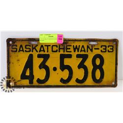 1933 SASKATCHEWAN LICENSE PLATE.