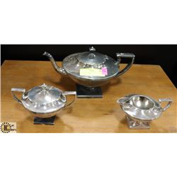 ANTIQUE SILVER PLATE TEAPOT, CREAM AND SUGAR.