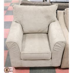37" CORDUROY FABRIC TAN COLORED ARM CHAIR.