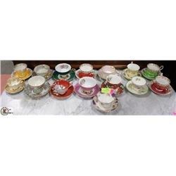 COLLECTION OF 15 CHINA CUP+SAUCER SETS.