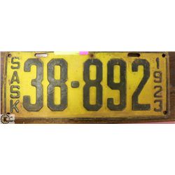 1923 SASKATCHEWAN LICENSE PLATE.