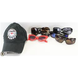 BASEBALL HAT WITH ASSORTED SUNGLASSES.