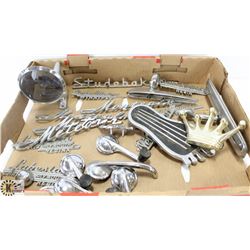 VINTAGE AUTOMOBILE DECALS, HOOD ORNAMENTS AND