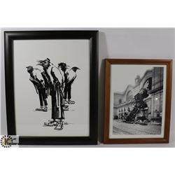 CROWS IN SUITS ART AND TRAIN WRECK PHOTO.