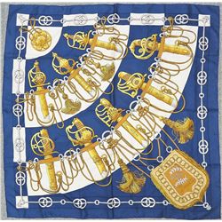 Authentic HERMES "Cliquetis" Blue 100% Silk Scarf