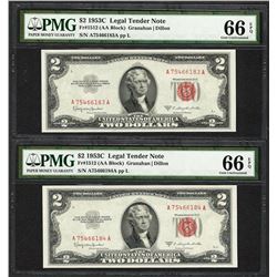 Lot of (2) Consecutive 1953C $2 Legal Tender Notes Fr.1512 PMG Gem Uncirculated 66EPQ