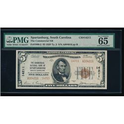 1929 $5 Spartanburg National Bank Note PMG 65EPQ