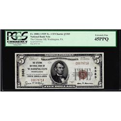 1929 $5 NB of Washington, PA CH# 3383 National Currency Note PCGS Extremely Fine 45PPQ