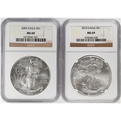 Lot of 2009-2010 $1 American Silver Eagle Coins NGC MS69