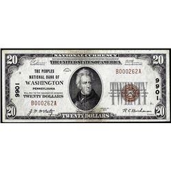 1929 $20 Peoples NB of Washington, Pennsylvania CH# 9901 National Currency Note