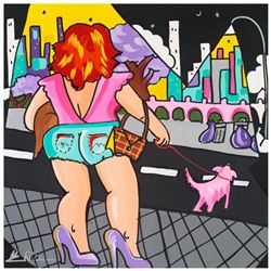 Rina Maimon, "Walking the Dog" Original Acrylic Painting on Canvas; Hand Signed and with COA