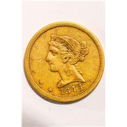 1844-O UNITED STATES LIBERTY HEAD GOLD $5