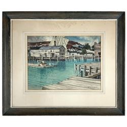Original Harbor Watercolor By Herbert Jacob Gute.