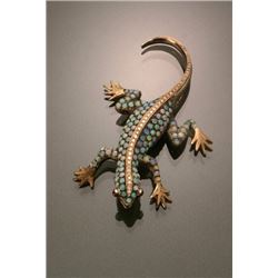 Russian Style 14-Karat Rose Gold, Silver, Diamond, Ruby and Opal Chameleon Brooch.