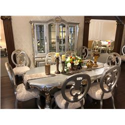 FORMAL SILVER WITH GOLD ACCENT DINING ROOM SET INCLUDES TABLE WITH 6 CHAIRS, BUFFET AND HUTCH.