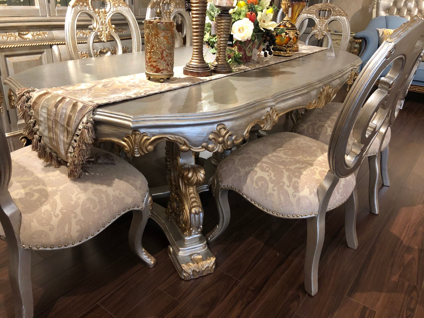 FORMAL SILVER WITH GOLD ACCENT DINING ROOM SET INCLUDES TABLE WITH 6