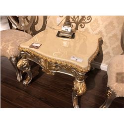 MARBLE TOP WITH CARVED WOOD BASE SIDE TABLE, RETAIL $1,350.00