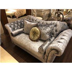 TUFTED BACK OVERSTUFFED FORMAL SILVER SOFA WITH ACCENT CHAIR, EACH COME WITH THROW CUSHIONS.