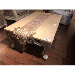 LARGE STONE TOP COFFEE TABLE WITH CARVED WOOD BASE, COMES WITH TABLE RUNNER.  RETAIL $2,650.00