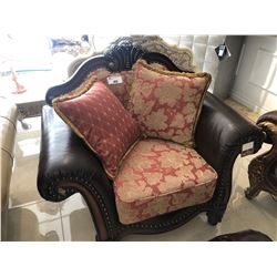 OVER SIZED LEATHER AND FLORAL PRINT LOUNGE CHAIR.  RETAIL $2,350.00