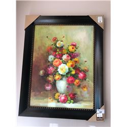 LARGE PAINTED FLORAL ARTWORK WITH WOODEN FRAME AND CERTIFICATE OF AUTHENTICITY.  RETAIL $1,100.00