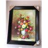 Image 1 : LARGE PAINTED FLORAL ARTWORK WITH WOODEN FRAME AND CERTIFICATE OF AUTHENTICITY.  RETAIL $1,100.00