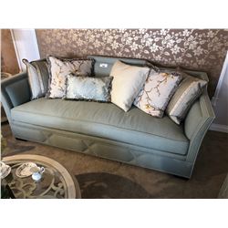 JADE COLOURED SOFA AND LOVE SEAT SET WITH THROW CUSHIONS.  RETAIL $9,100.00