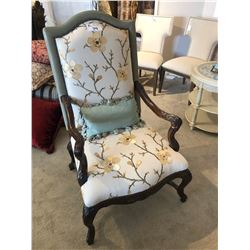 WOODEN FRAME WINGBACK CHAIR WITH FLORAL PATTERN.  RETAIL $3,000.00