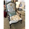 Image 1 : WOODEN FRAME WINGBACK CHAIR WITH FLORAL PATTERN.  RETAIL $3,000.00