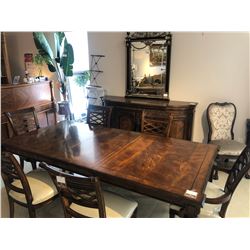 CONTEMPORARY WOODEN INLAYED FORMAL DINING ROOM SUITE.  INCLUDES TABLE WITH TWO LEAVES, SIX