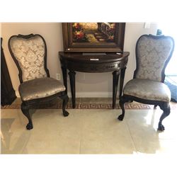 HALF MOON CARVED WOOD HALL TABLE WITH TWO CHAIRS.  RETAIL $4,050.00