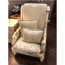 OVER SIZED LOUNGE CHAIR WITH CARVED GOOSE NECK ARMS.  RETAIL $3,600.00