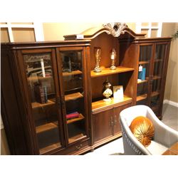 LARGE DARK WOOD WALL UNIT, APPROX. 15' WIDE.  WITH GLASS DOORS.  RETAIL $4,800.00