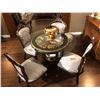 Image 1 : FORMAL DINING ROOM SET WITH ROUND GLASS TOP WITH CARVED BASE TABLE AND FOUR CHAIRS.