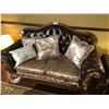 Image 1 : DARK BROWN LEATHER WITH WOOD FRAME LIVING ROOM SET INCLUDES SOFA AND CHAIR WITH THROW CUSHIONS.