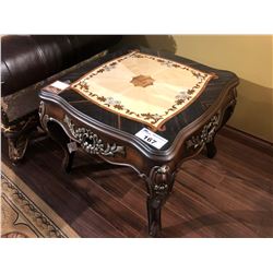 CARVED / INLAYED WOODEN SIDE TABLE.  RETAIL $1,200.00