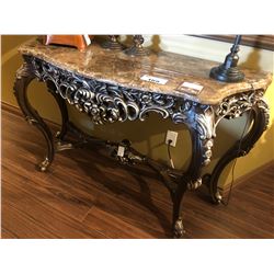 MARBLE TOP WITH CARVED WOODEN BASE HALL TABLE.  RETAIL $3,300.00