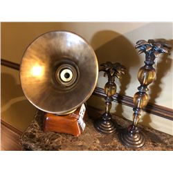 LOT OF DECOR ITEMS INC. GRAMOPHONE STEREO PLAYER AND TWO CANDLE STICKS