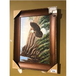 PAINTED ARTWORK WITH WOOD FRAME AND C.O.A. - EAGLE AND CLIFF