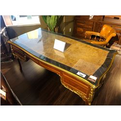 CARVED / INLAYED BURLED TOP EXECUTIVE DESK WITH LEATHER SWIVEL CHAIR.  RETAIL $7,350.00