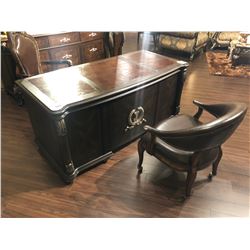 LEATHER INLAYED DARK WOOD EXECUTIVE DESK WITH DESK CHAIR AND CLIENT CHAIR.