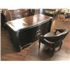 Image 1 : LEATHER INLAYED DARK WOOD EXECUTIVE DESK WITH DESK CHAIR AND CLIENT CHAIR.