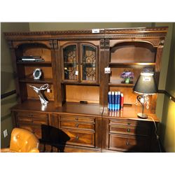 LARGE MED. WOOD WALL UNIT WITH DRAWERS AND GLASS CENTER CABINET.  RETAIL $5,680.00