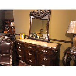 DARK WOOD WITH DELICATE INLAY TOP SIDEBOARD AND MIRROR.  RETAIL $6,550.00