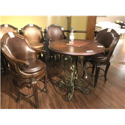 DARK WOOD TOP / WROUGHT IRON BASE BAR HEIGHT TABLE WITH TWO LEATHER / WOOD SWIVEL TOP