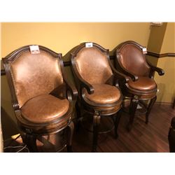 SET OF THREE BAR HEIGHT LEATHER / WOOD FRAME SWIVEL TOP BAR STOOLS.  RETAIL $4,355.00