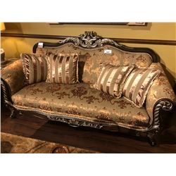 FORMAL LIVING ROOM SUITE INCLUDES: CARVED WOOD FRAME WITH ASCOT PRINT SOFA, LOVE SEAT